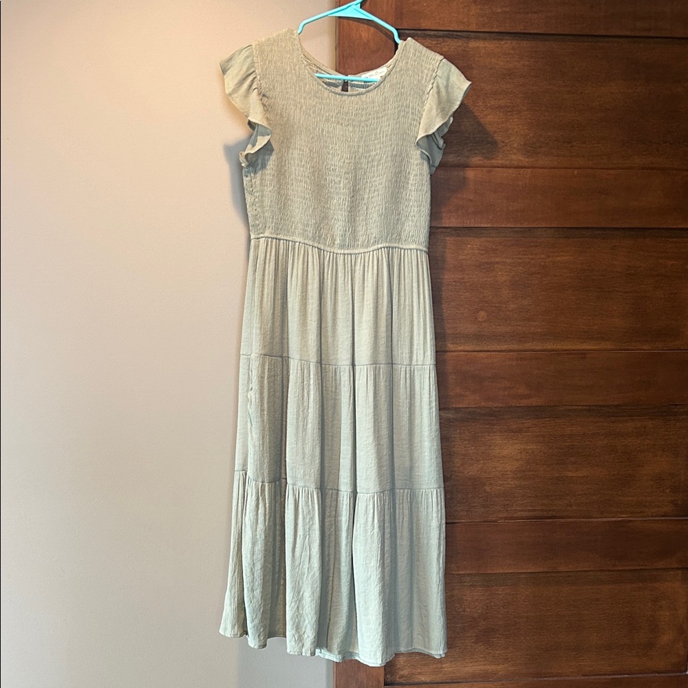 Light Sage Tiered Midi Dress with Flutter Sleeves